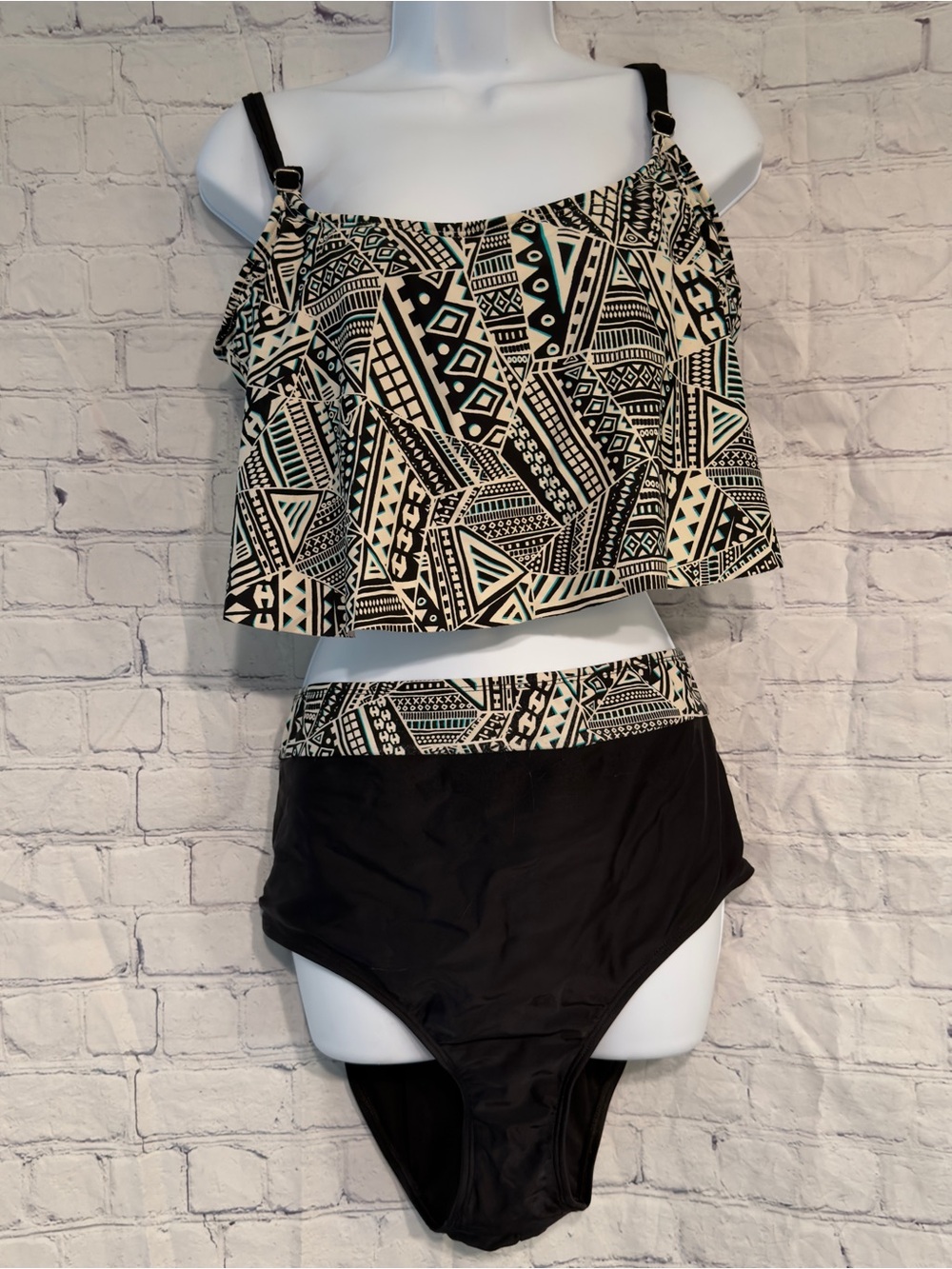 VM Black and Cream Aztec Print Flounce High-Waist Bikini 1X/2X